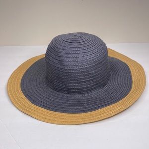 Straw Hat Blue & Tan Wide Brim Coastal Grandma Sun Beach
